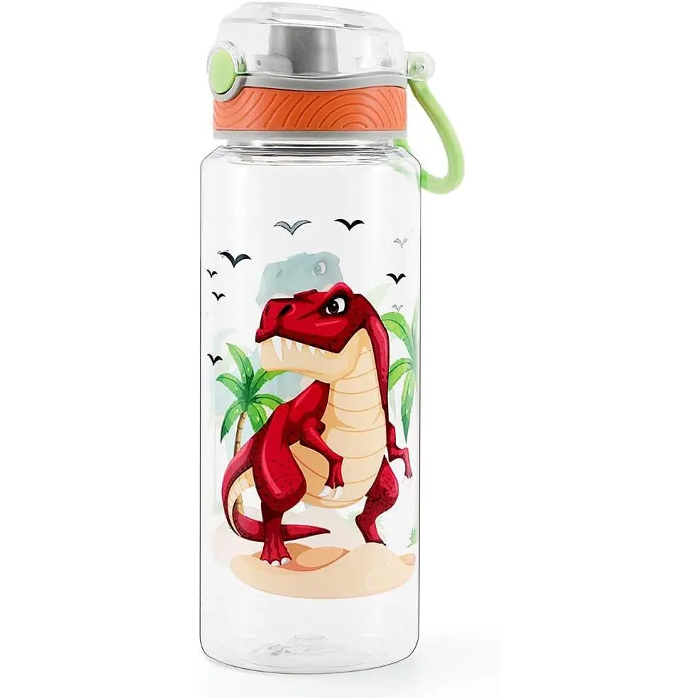 Boys' Dinosaur Waterbottle, 23oz BPA-Free Tritan Plastic Sports Water Bottle for School, Leak-Proof Flip-Top Lid, 3-Inch Width/Diameter, 8.7-Inch Height, Wide Mouth, Carry Handle, 1-Hand Open, Cute Print