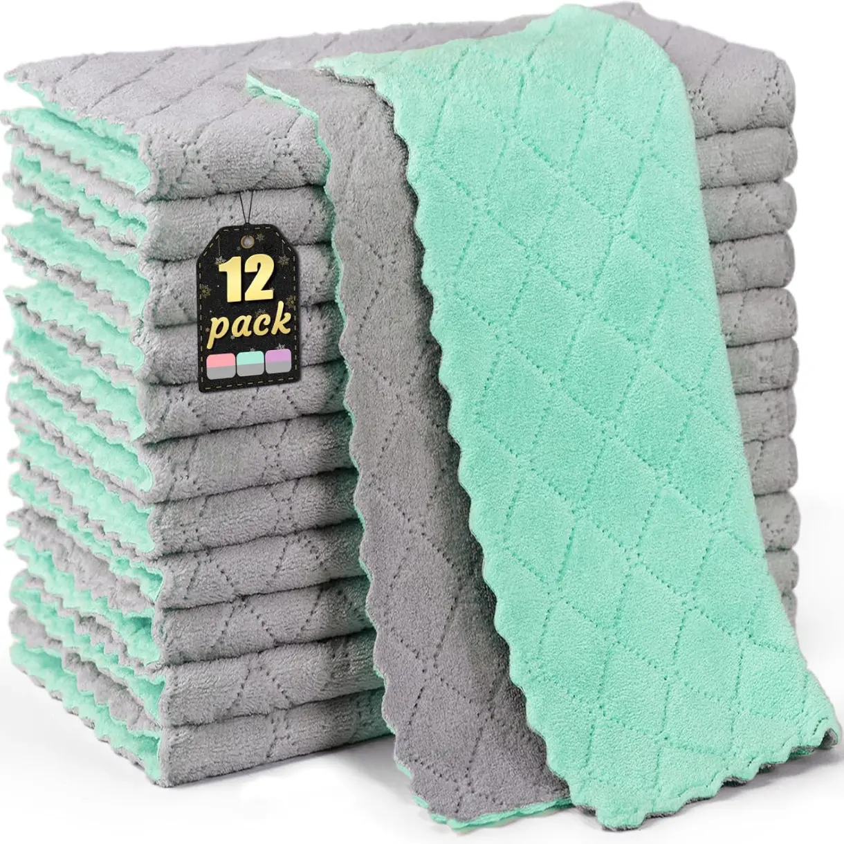 12 Pack Kitchen Cloth Dish Towels, 12x12 inch Soft Premium Dishcloths, Absorbent Microfiber Cleaning Cloth for Cleaning Dishes, Kitchen, Bathroom, Car