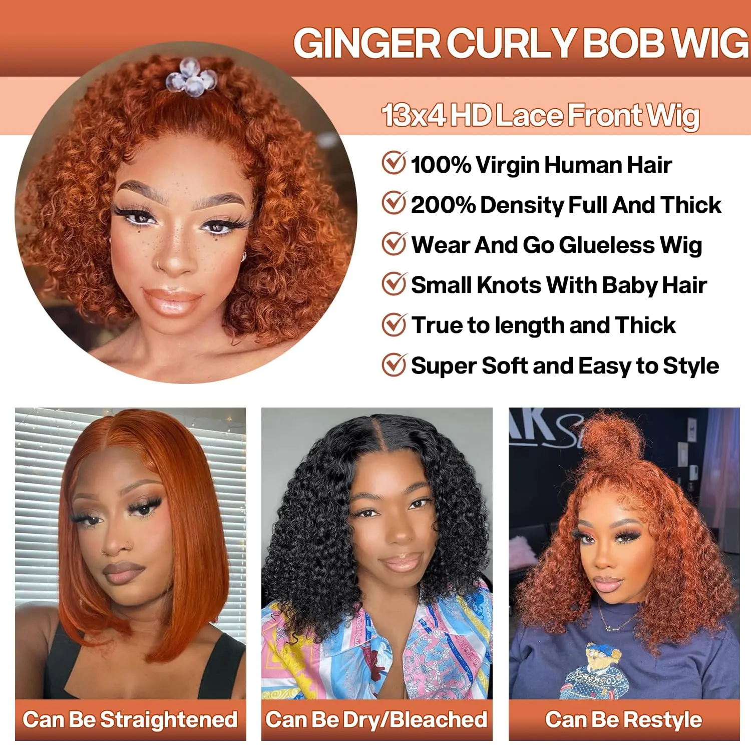 Orange Ginger Curly Bob Wig Human Hair 14 Inch 200% Density 