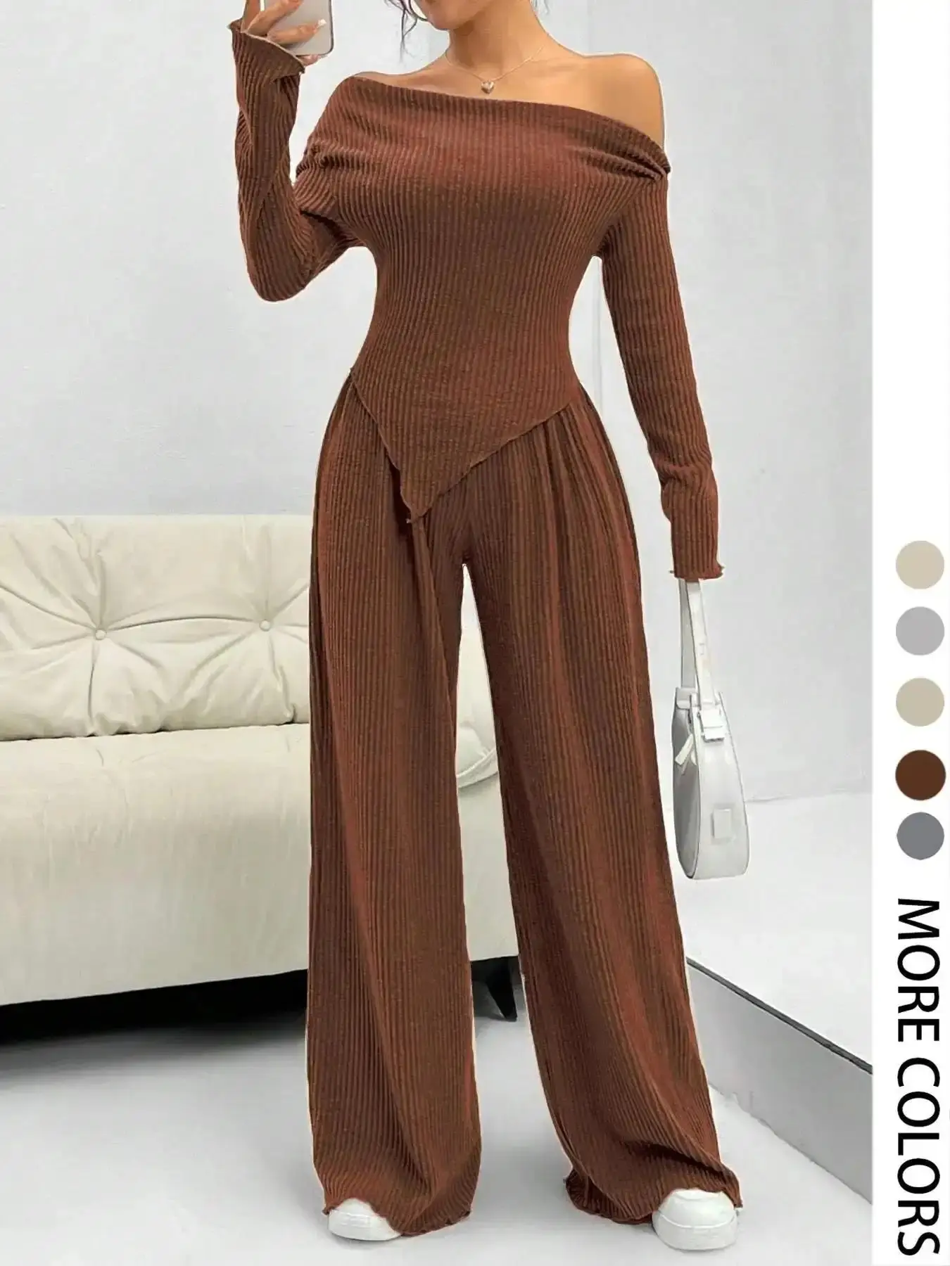 Women's Solid Off Shoulder Asymmetrical Tee & Elastic Waist Pants Two-piece Set, Casual Fashion Cozy Long Sleeve Ribbed Top Lettuce Trim Trousers for Daily Outdoor Wear, Fit Womenswear Fabric, Clothes classic elegant day