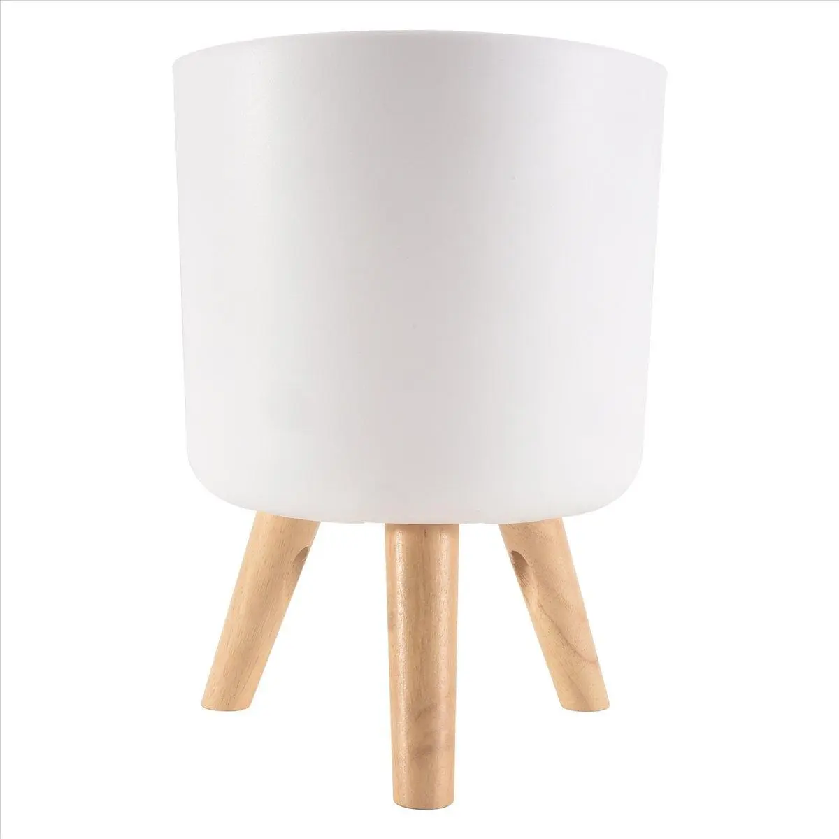 Modern Plant Pot with Wooden Legs - Floor Standing Flower Planter, White Plastic Pot with 3 Wooden Stand, Stable Anti-tip Design for Living Room Bedroom Patio, Self-Assembly, 20.5cm Top, 29cm Height