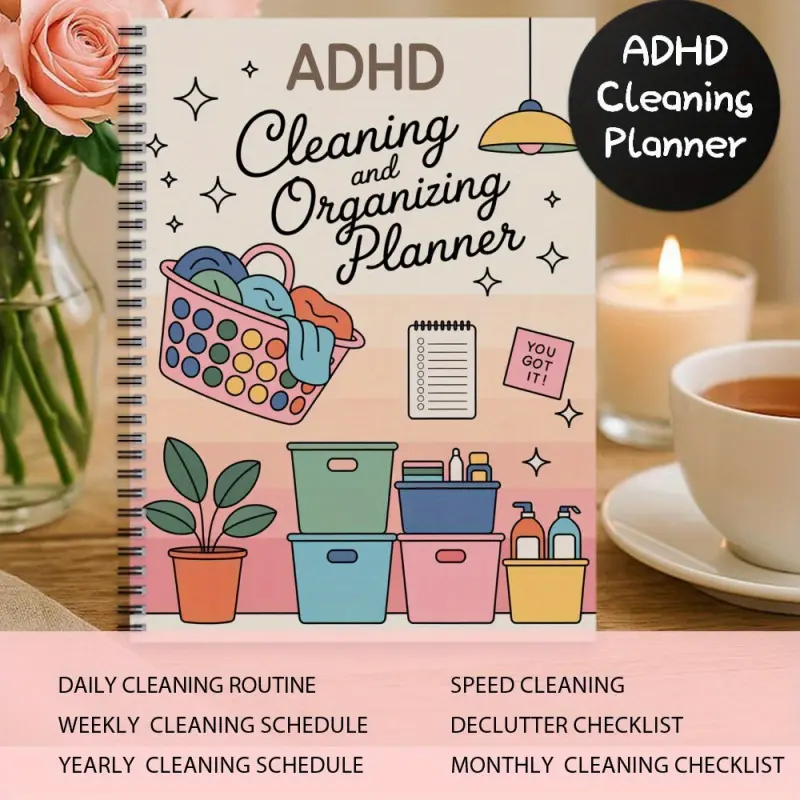 ADHD Cleaning Planner, Calendar Planner, Spiral Bound Planner - Pink Cleaning Schedule Notebook with Laundry Basket, Adult Checklist Journal, for Home and Office - Undated Daily Planner, Weekly/Monthly Cleaning Planner Gift, Ideal for ADHD