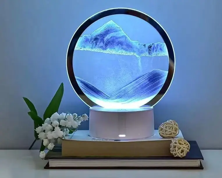 Moving Sand Art Picture,Quicksand Painting Round Glass Sandscapes 3D Deep Sea  Art  flowing sand and painting an hourglass display small night light