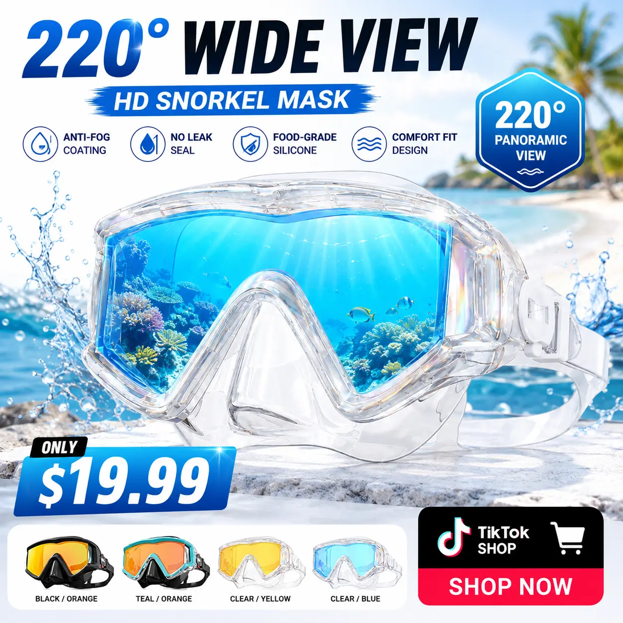Aegend Unisex Swimming Goggles, 220° Wide View 220° Field Silicone Goggles, Adjustable Anti-Fog Anti-UV Comfort Fit Swim Mask, 1 Pack for Pool, Beach (Vacation Essentials)