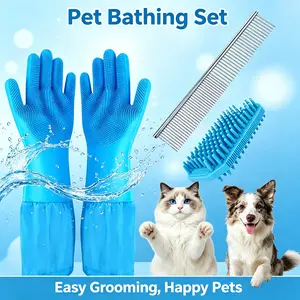 3PCS Pet Grooming Bathing Kit :Silicone Grooming Gloves, Double-Sided Brush & stainless steel Comb for Dogs & Cats Shedding, Massage, Deshedding, Bathing, Detangling, Waterproof Scratch-Resistant Grooming Tools for Long/Short Hair Pets