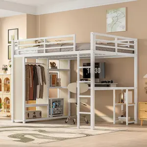Queen Size Loft Bed Frame with Desk and Built-in Wardrobe, Heavy-Duty Metal Loft Bed Frame with Storage Shelves, Noise Free, White