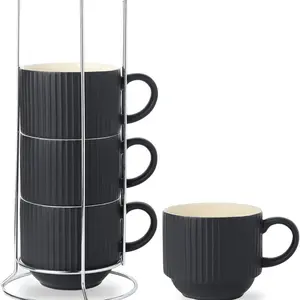 Coffee Mug Ceramic Set of 4 with Stand - 15 oz Stackable Large Porcelain Ribbed Latte Cup Set for Cappuccino, Tea, Hot Cocoa, Drinks - Dishwasher & Microwave Safe, Black