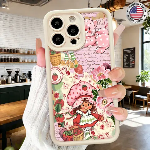 Cute Strawberry Dessert Cartoon Pattern Aesthetic Design Case for iPhone 17 16 15 14 Pro Max 13 12 11 XR XS Plus Air Slim Shockproof Anti Drop Protective TPU Cover