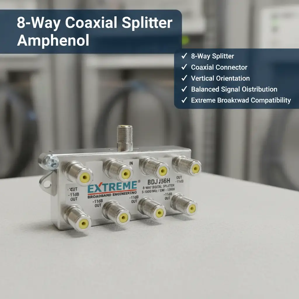 AMPHENOL / EXTREME BROADBAND  BDS108H BALANCED COAXIAL SPLITTER, 8-WAY VERTICAL "F" PORT OUTPUTS & 1 HORIZONTAL "F" PORT INPUT. MOCA 1.1 COMPLIANT, 5 - 1002MHZ