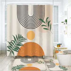 4-Piece Bohemian Style Shower Curtain Set Vintage Orange Shower Curtain Bathroom Set with Rug Abstract Shower Curtain Bathroom Mat Bathroom Rug