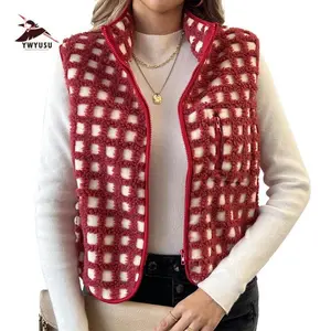Women��s Fuzzy Checkered Vest Sleeveless Stand Collar Zip Up Vest Jacket Winter Warm Outwear