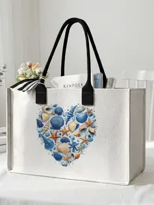1 piece of shell starfish heart pattern 2D printed large capacity storage bag, extra large storage bag, sturdy handle, space-saving multi-purpose, suitable for going to school, traveling, shopping, Trendy Tote Bag