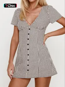 Women's Plaid Print V Neck Shirt Dress, Casual Short Sleeve Button Dress for Daily Wear, Ladies Clothes for All Seasons, Casual Dresses