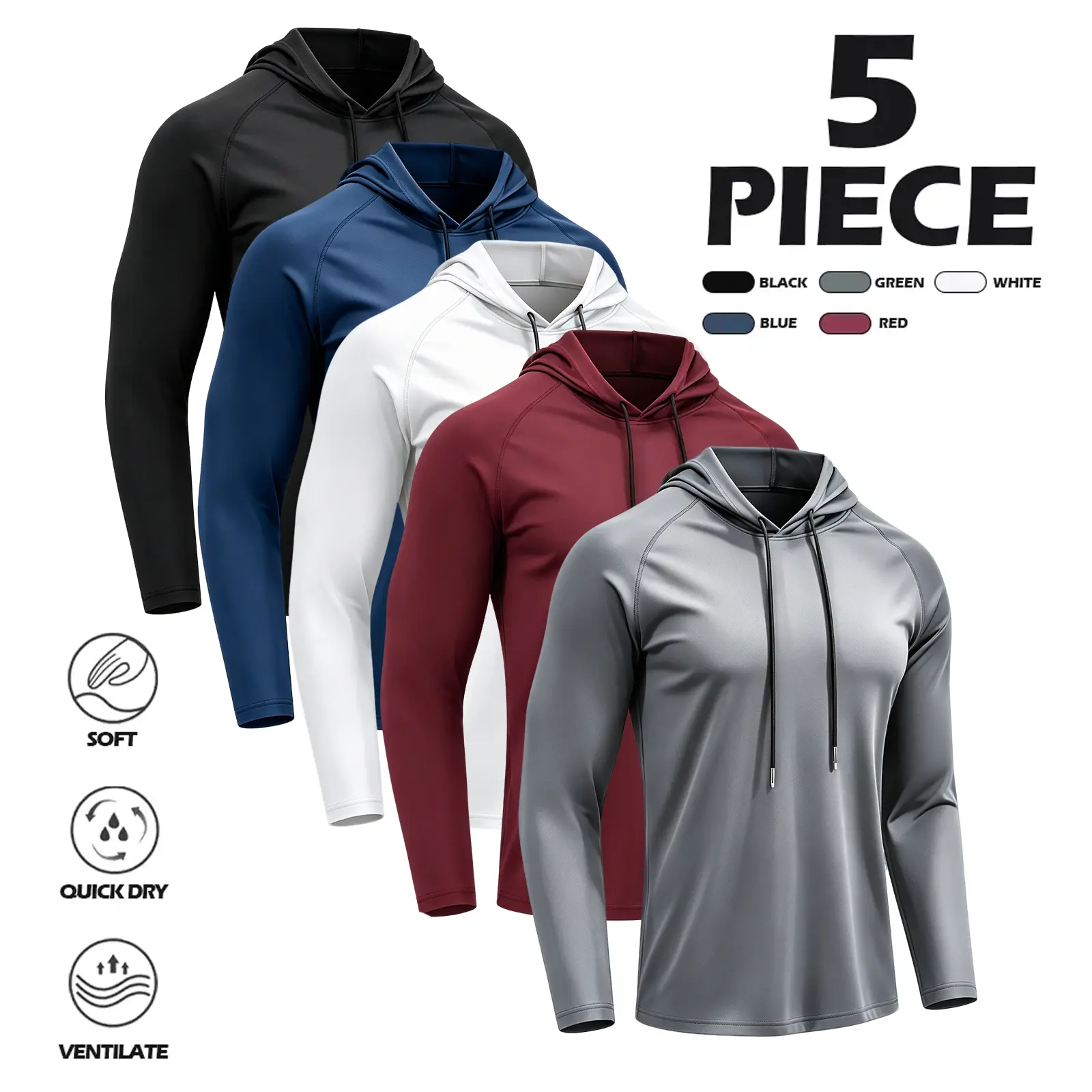 5-Piece Men's Hoodie Set, Quick-Dry & Heat Retention, Loose Fit, Essential for Autumn & Winter Layering, Casual & Athletic Wear, Perfect for Fitness and Daily Outfits, Streetwear Sweatshirt Set