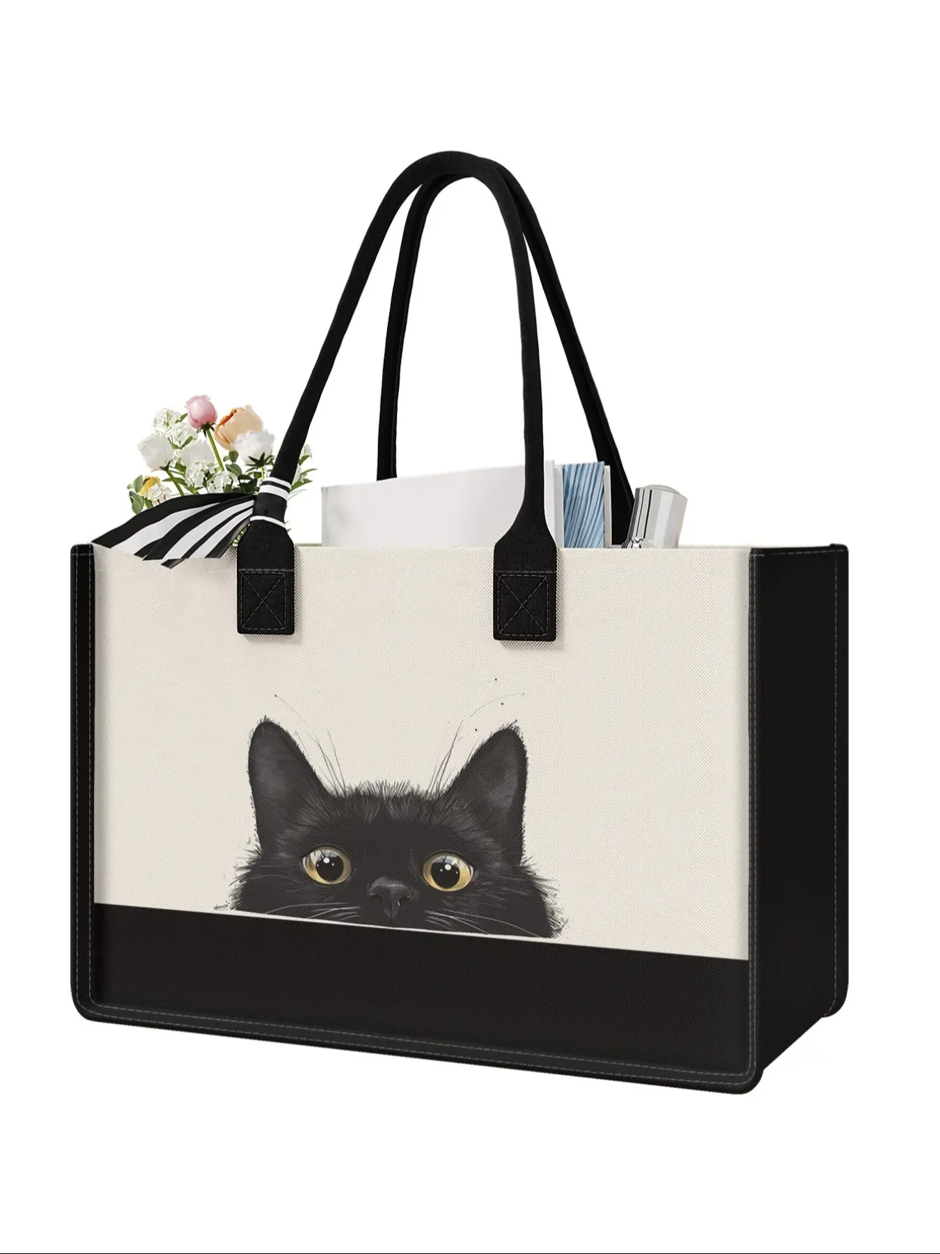 Large Capacity Cat Print Storage Bag, Durable Handle, Space Saving Multi-Purpose, Ideal for School, Travel, Shopping, All Seasons Use Lightweight Tote Bag, Versatile Bag