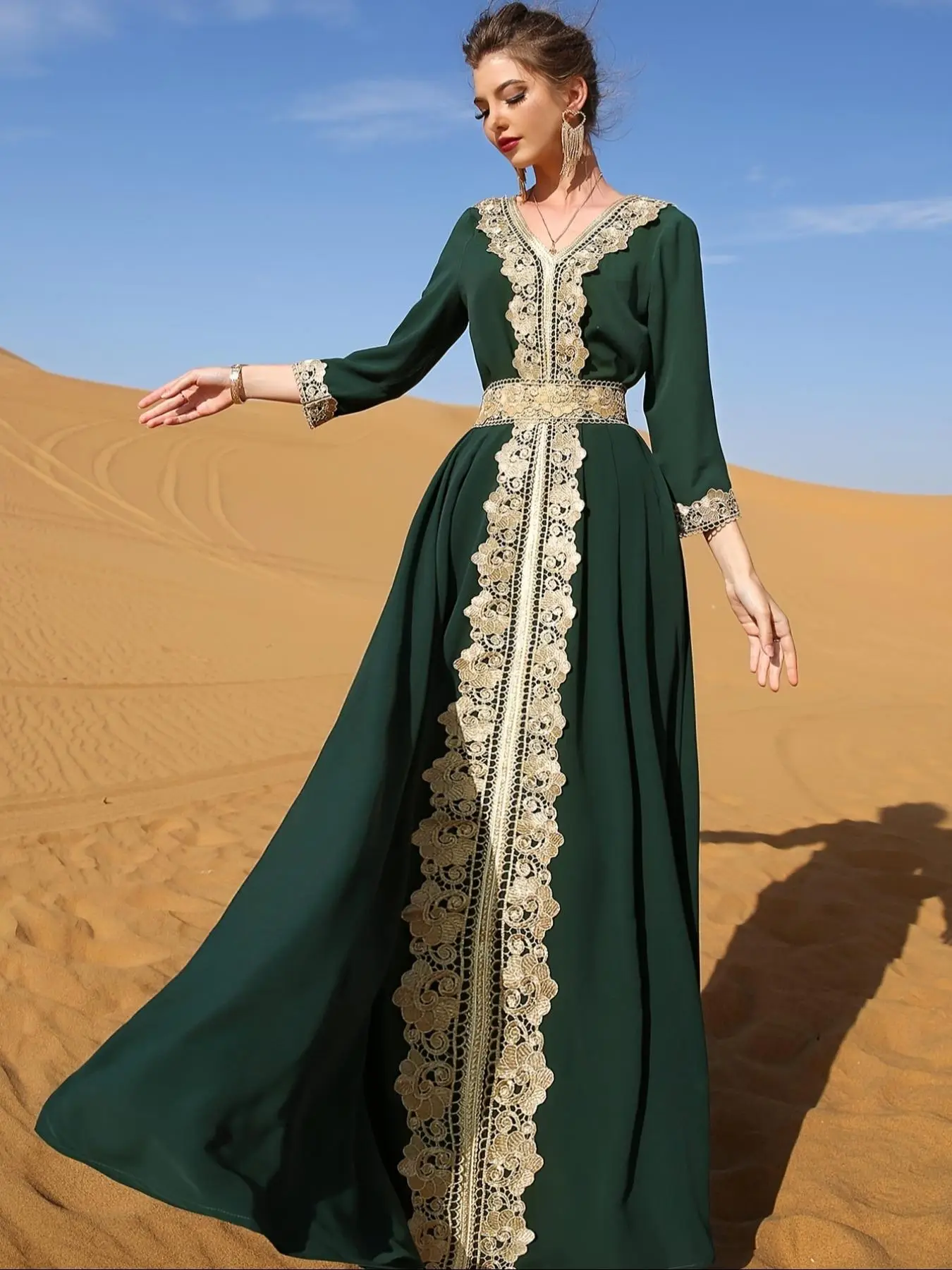 Women's Plain Contrast Lace V Neck Arabian Dress, Modest Tie Back 3/4 Length Sleeve A Line Maxi Dress for Daily Wear, Women's Islamic Clothing for All