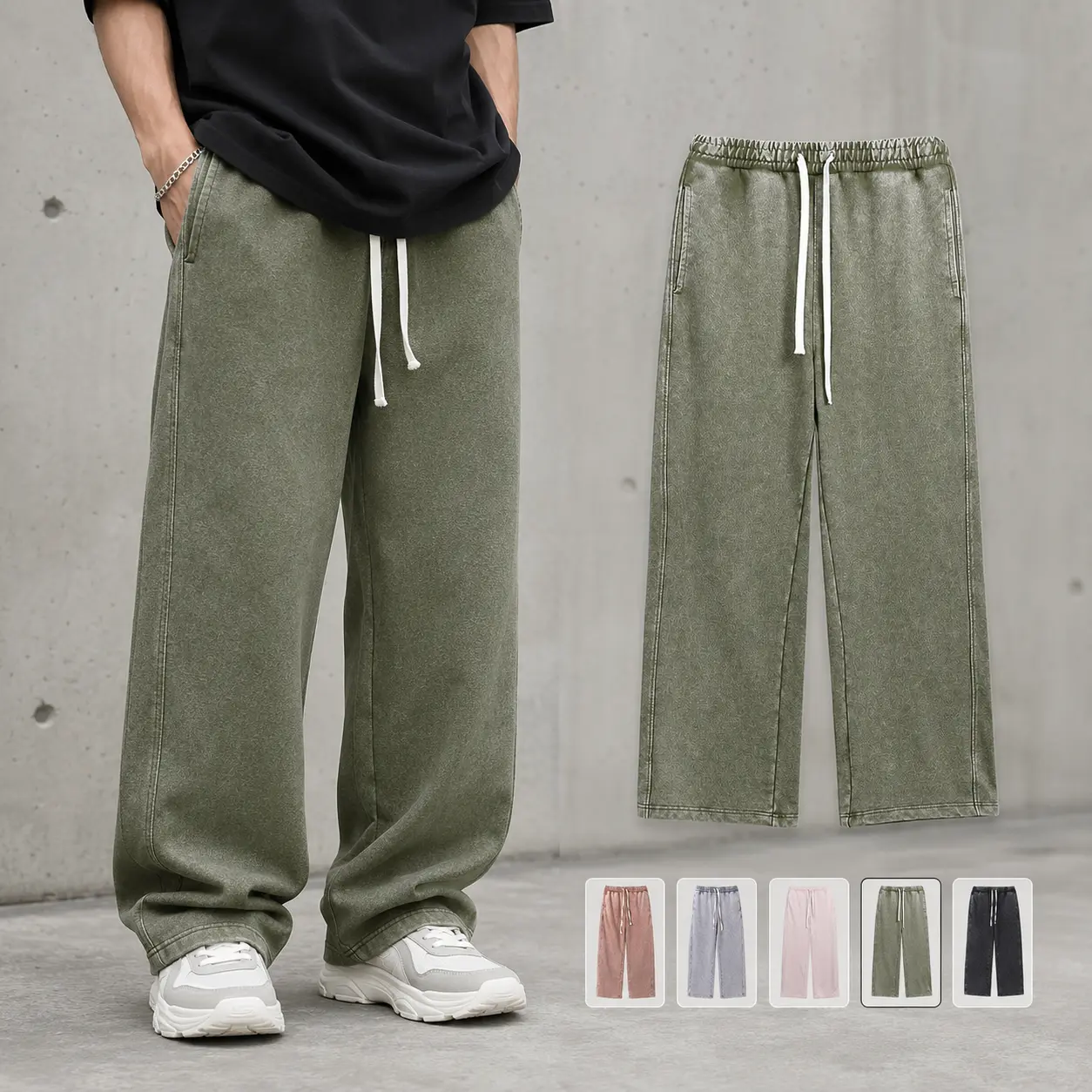 1/2 Pack Men’s Vintage Washed Baggy Sweatpants, Loose Straight-Leg Pants with Elastic Drawstring Waist, Side Pockets and Adjustable Drawcord Hem for Casual Streetwear & Daily Wear