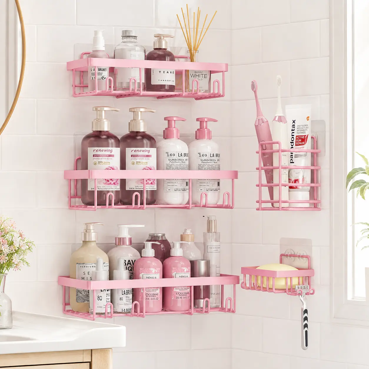 5-Piece Shower Caddy Set, No Drill Adhesive Bathroom Organizer with Soap Dish & Toothbrush Holder, Wall Mounted Shower Shelves with Hooks, Rustproof Storage Rack for Shampoo, Conditioner & Bathroom Essentials, Pink, Shelf, Birthday