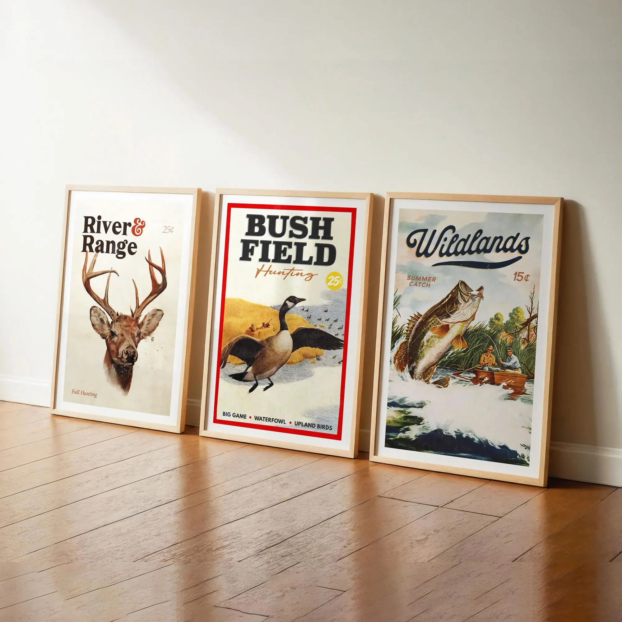 Retro Hunting & Fishing Art Prints Set of 3, Outdoors Cabin Wall Decor, Vintage Wilderness Posters, Rustic Nature Decor