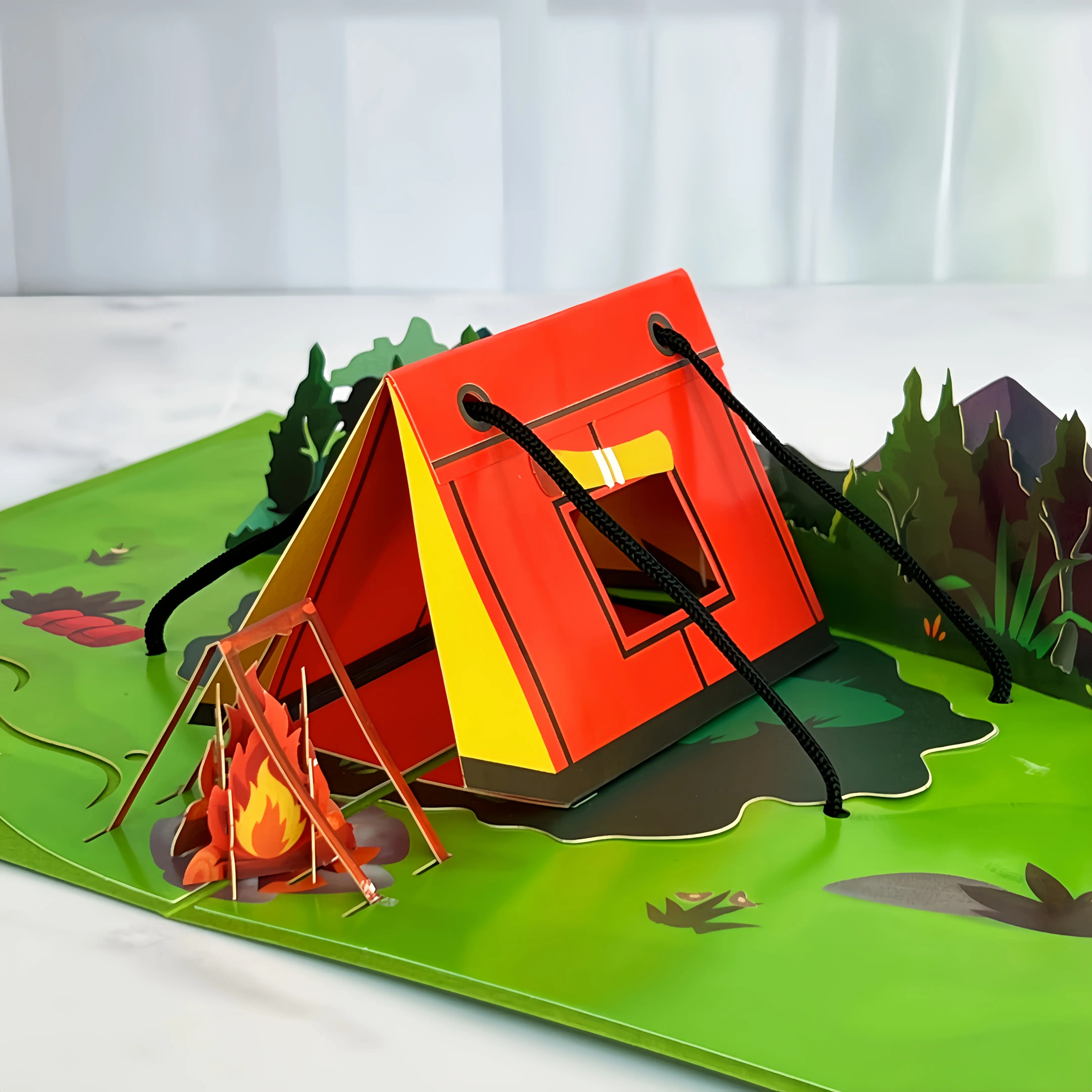 1pc Handmade Pop-Up 3D Greeting Card with Envelope, Campfire-Tent Outdoor Camping Pattern, Office Stationery Supplies