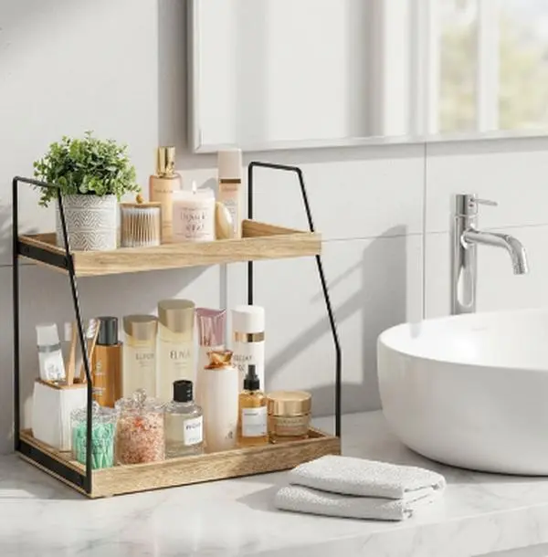 2-Tier Countertop Organizer, Wooden Kitchen Counter Shelf with Metal Frame for Bathroom, Coffee Bar, Vanity & Pantry Storage