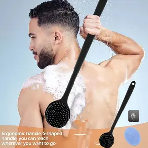 Long Handle Silicone Bath Brush Double-Sided Shower Scrubber with Soft Massage & Foaming Bristles Ergonomic Back Cleaning Brush Free Facial Brush & Hanging Hook Personal Hangable Black