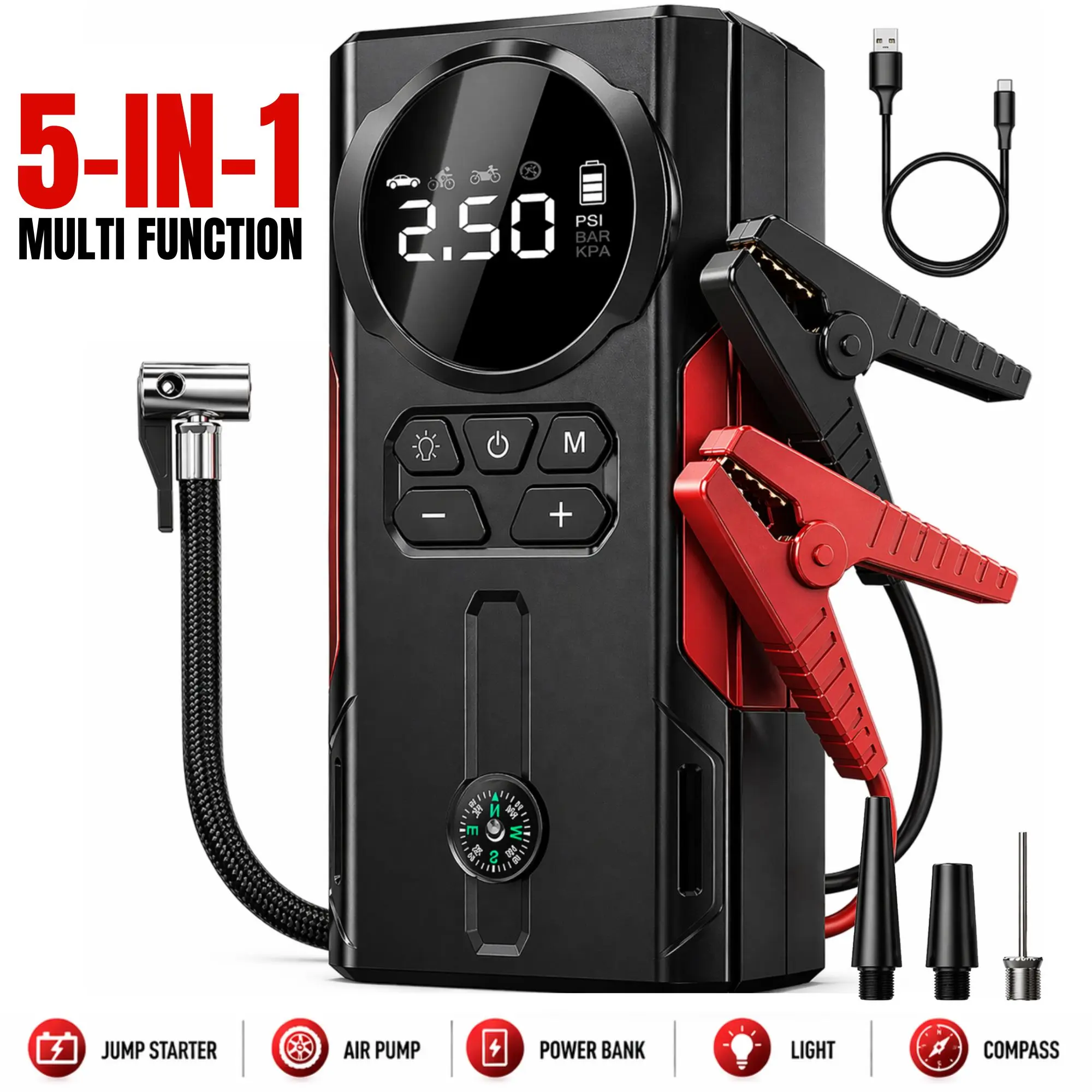 8000A Jump Starter with Air Compressor 150PSI, 12V Car Battery Booster Pack, Portable Power Bank, Tire Inflator for Cars, SUVs & Trucks Smart Flashlight High Amp
