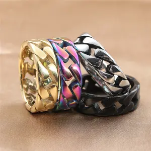 titanium steel flat chain ring retro trendy man personality punk stainless steel hollow chain ring
