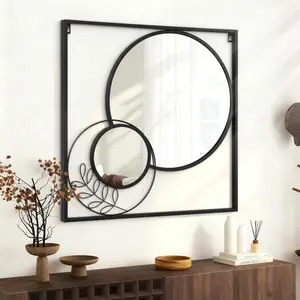 Black Square Mirror, Round Wall Mounted Mirror Set Circle Modern Decorative Mirrors for Living Room Bedroom Entryway 24x24 Inch Decor2026