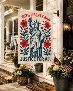 With Liberty and Justice for All Garden Flag, Patriotic Statue of Liberty Flag, American Freedom Yard Decor, USA Porch Banner