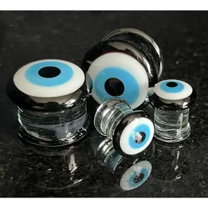 PAIR Evil Eye Glass Double Flare Plugs Tunnels Gauges Piercing Body Jewelry