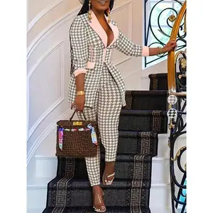 Women’s Two-Piece Set: Houndstooth Print Blazer & Skinny Pants — Elegant, fashionable, casual, and comfortable for daily outdoor wear; ladies’ clothing suitable for all seasons; fall women’s suit.