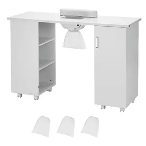 VEVOR Manicure Table, Nail Table Station with Electric Dust Collector, Moveable Nail Tech Desk with 8 Wheels (4 Lockable), 3 Dust Bag Wrist Rest, MDF Nail Art Workstation for Spa Beauty Salon, White