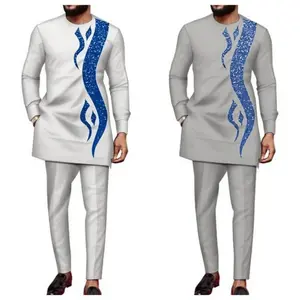 Men's 2-Piece African Ethnic Kaftan Suit - Long Sleeve, Round Neck, Printed Top & Trousers, Style 27, Casual Traditional Menswear Clothing Set for Weddings