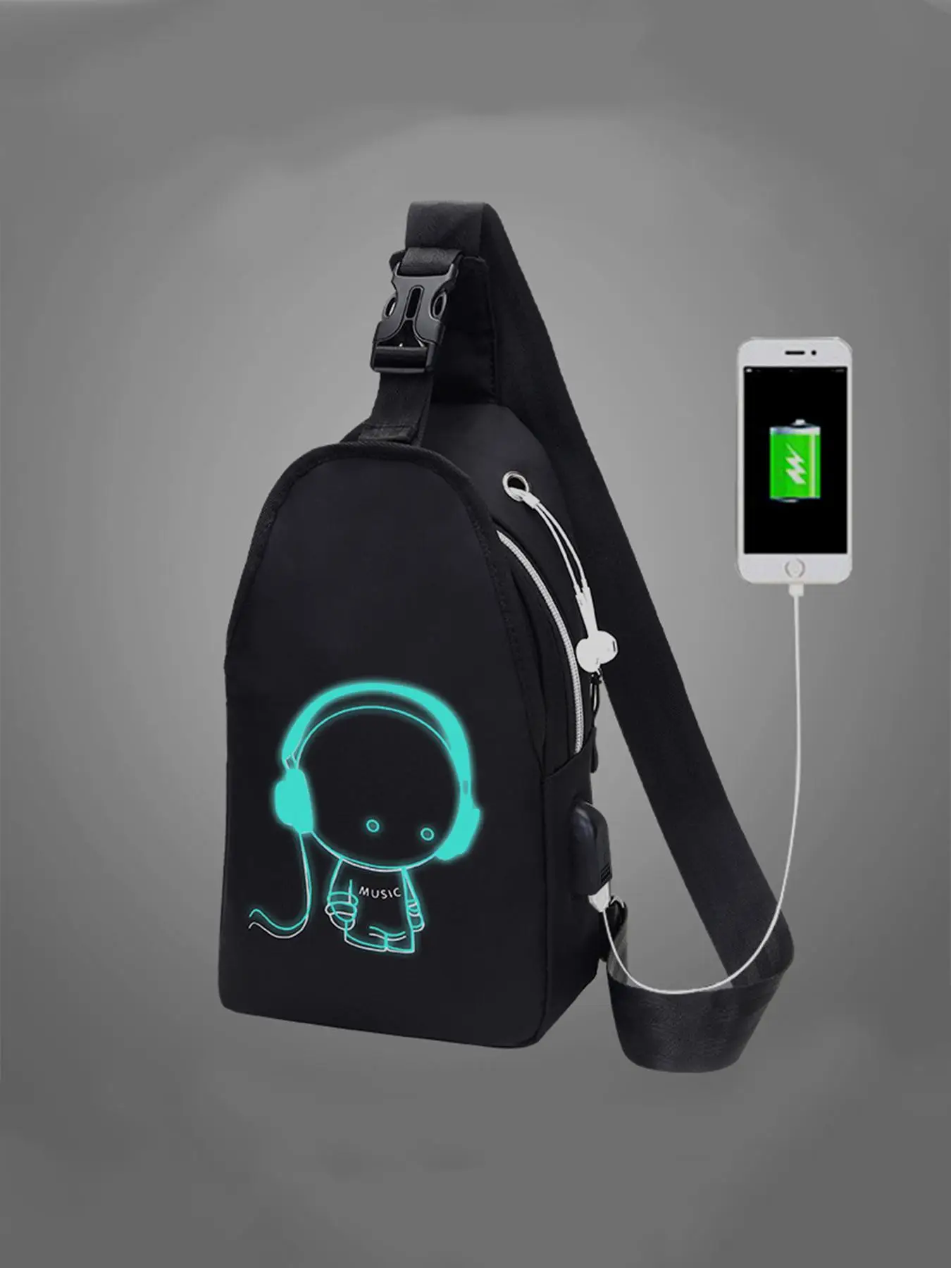 Unisex Simple Style Cartoon Pattern Zip-up Belted Sling Bag with Usb & Earphone Port, Casual Sportive Fanny Pack for Women, Fashionable Crossbody Ches