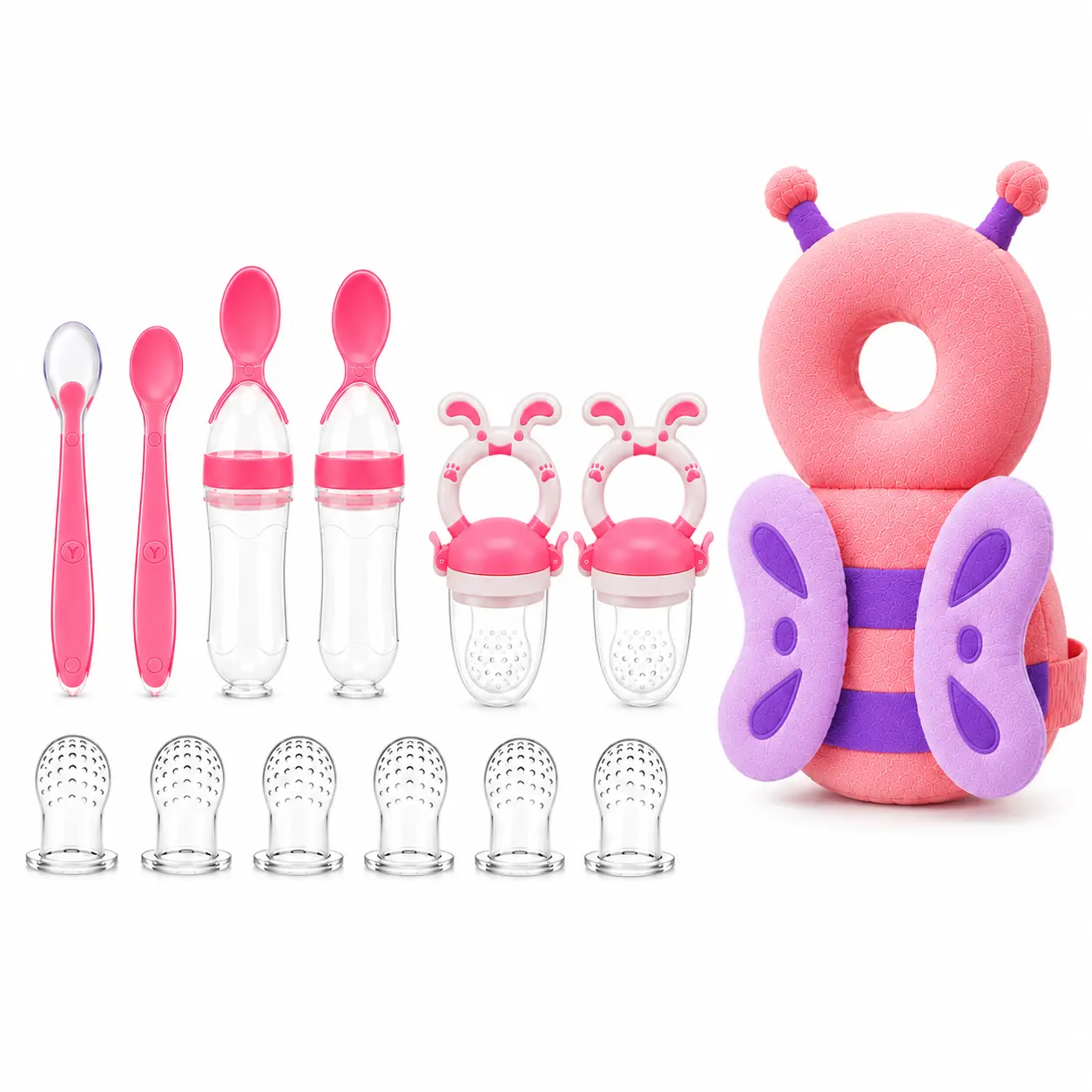 Unisex Baby Head Protection Backpack & Silicone Feeding Bundle Set - Fruit Feeder Pacifier, Squeeze Spoon, Self-Feeding Essentials Gift Set