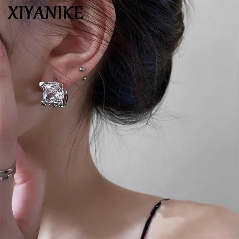Minimalist Square Zircon Hoop Earrings For Women Simple Handmade Fashion New Jewelry Gift Party