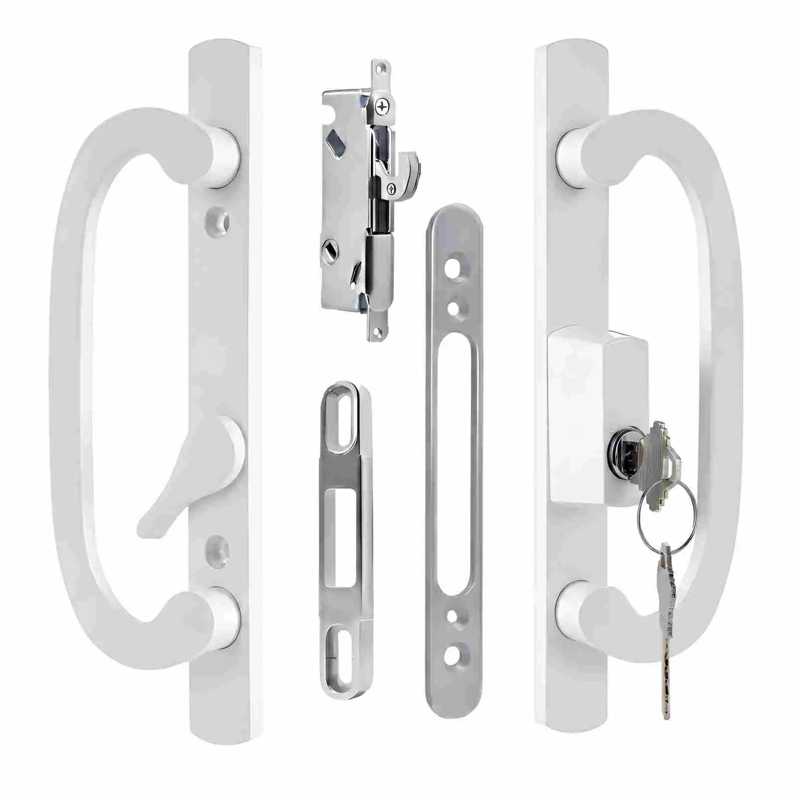 Teilmix White Offset Keyed Sliding Patio Door Latching Handle Set with Mortise Lock, Fits 1-3/8" to 2" Doors, 3-15/16" H.C., Non-Handed, Latching Handle Sets, 3-15/16 Inch Hole Spacing