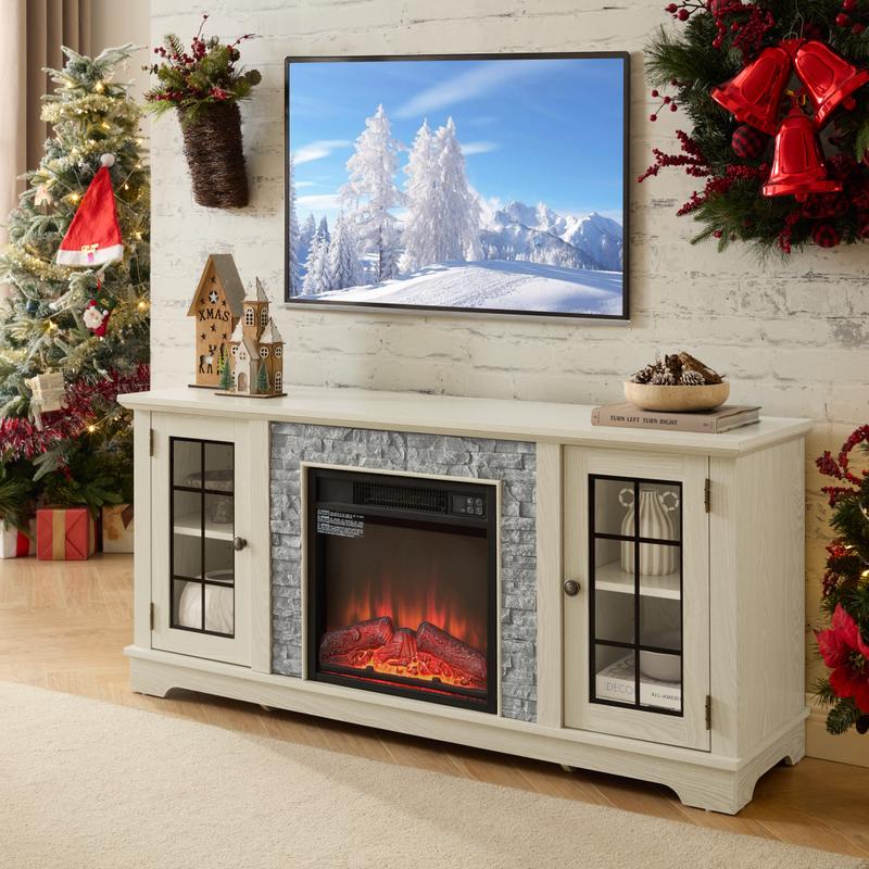 [Bellemave]58" Modern TV Stand with 2-Door Storage & 18" Electric Fireplace, Faux Stone Media Console Cabinet, White Large Entertainment Center for Living Room