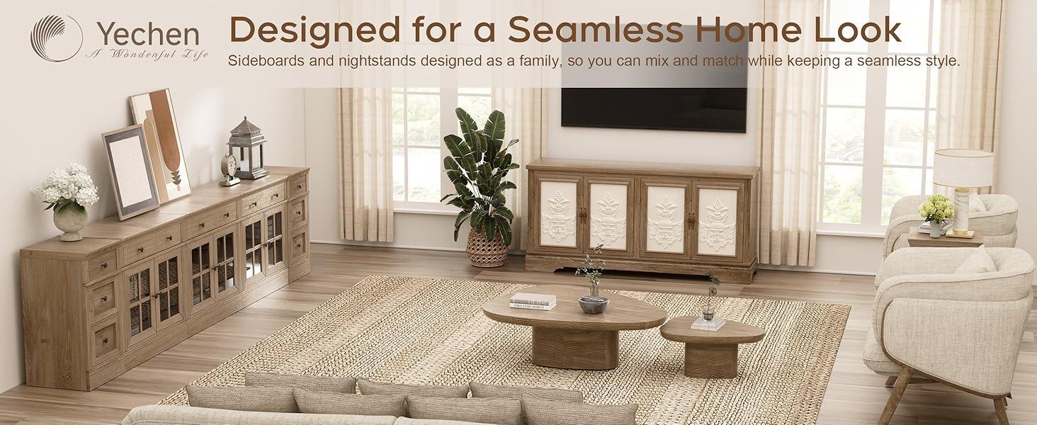 Yechen 63" Vintage Farmhouse Sideboard Buffet Cabinet with 3D Decorative Doors | Light Oak Wood Credenza with Sturdy Frame & Antique Handles | for Living Room, Kitchen, Entryway