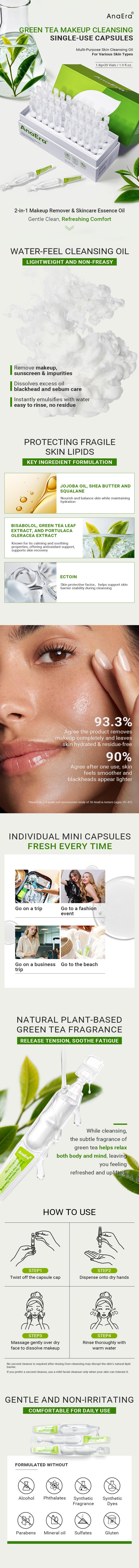 AnaEra Green Tea Makeup Cleansing Oil | Light Facial Cleansing Oil, Deep Clean Pores, Makeup Blackhead Remover, Gentle Cleansing, Dewy Finish, Soft Glowy Skin, Great for All Skin Types (30× 1.8g)