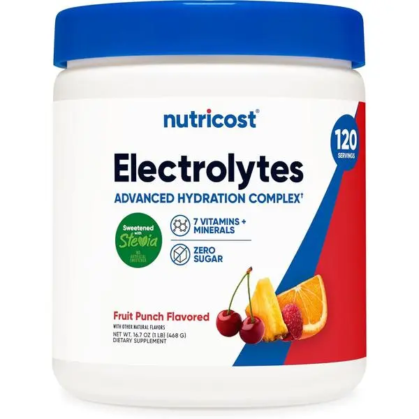 Nutricost Potassium-Based Electrolyte Complex Powder - Dietary, Fitness Hydration & Energy Supplement Drink Mix (120 Servings, Fruit Punch) with Electrolyte Powder Vitamins Supplements