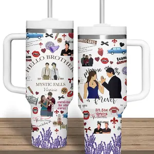 The Vampire Diaries 40oz Tumbler with Handle & Straw | Damon & Stefan Salvatore Mystic Falls Collage Travel Mug | Perfect TVD Fan Gift Idea