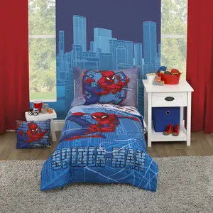 Marvel Spider-Man Wall Crawler Red, White, and Blue Spider Webs 4 Piece Toddler Bed Set - Comforter, Fitted Bottom Sheet, Flat Top Sheet, and Reversible Pillowcase