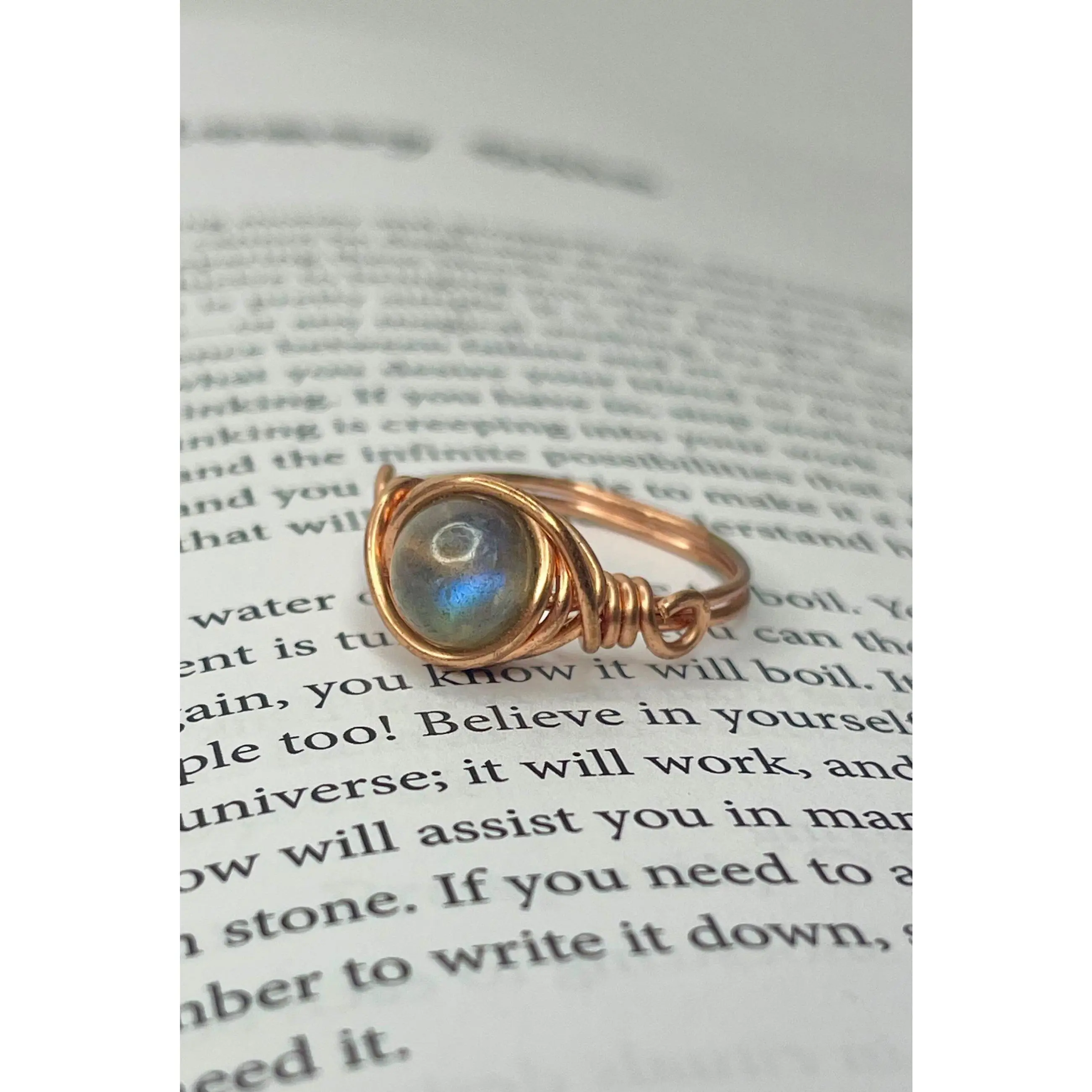 Natural Crystal Labradorite Copper Wire Ring - Unisex Adult Jewelry with Magic, Spiritual Protection, Third Eye Intuition Awakening, Balance, Scorpio Elevation, Healing, Release - All Sizes Available