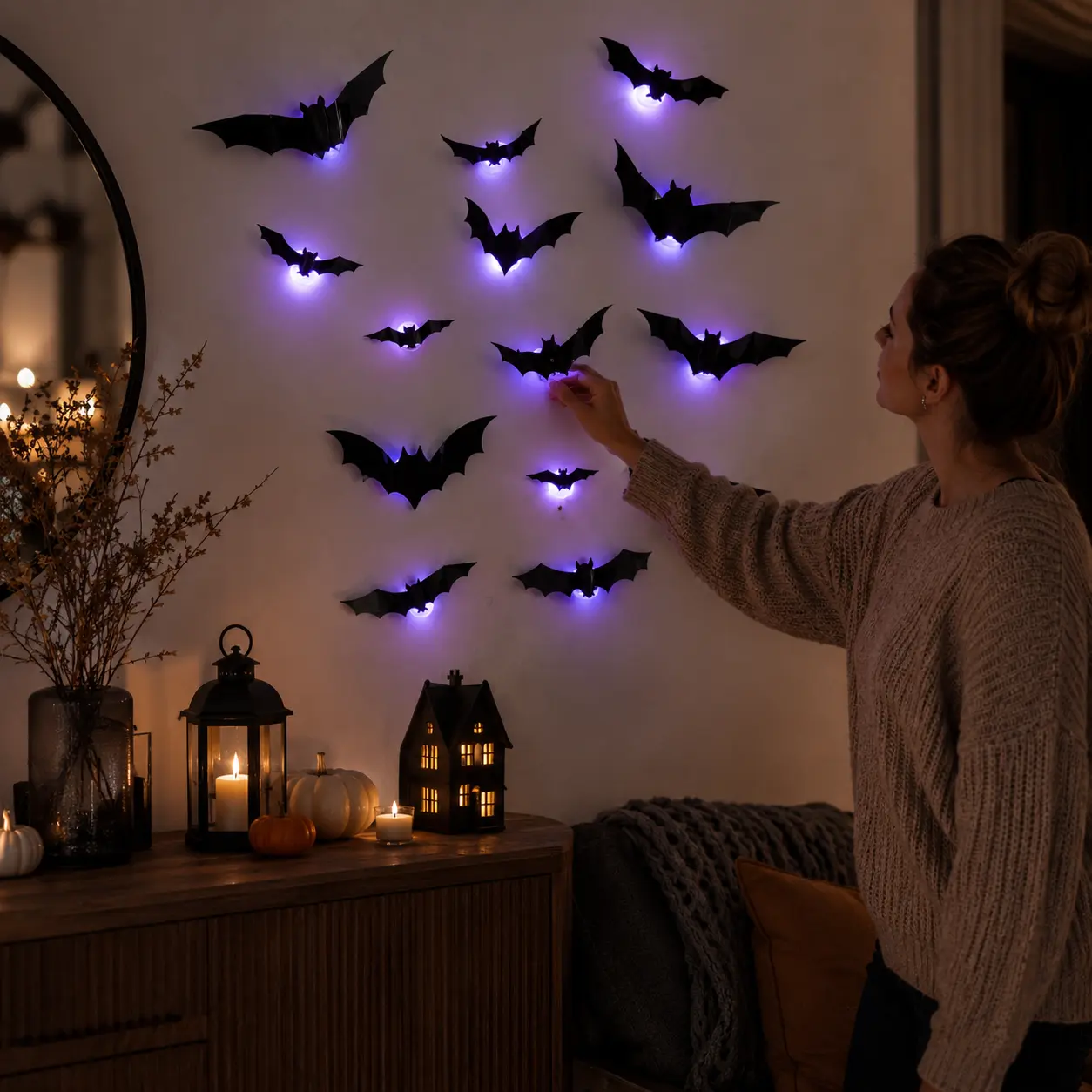 Halloween Bat Wall Decorations with LED Lights for Festive Atmosphere and Easy Installation