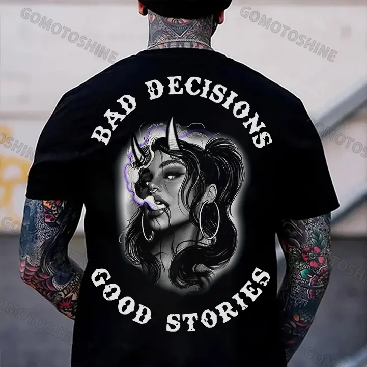 BAD DECISION GOOD STORIES Smoking Devil Girl Graphic Hoodie, Edgy Urban Streetwear Pullover, Trendy Party Outfit, Unique Gift Idea for Him, Same‑Day Dispatch Fast Shipping for Casual Daily Wear