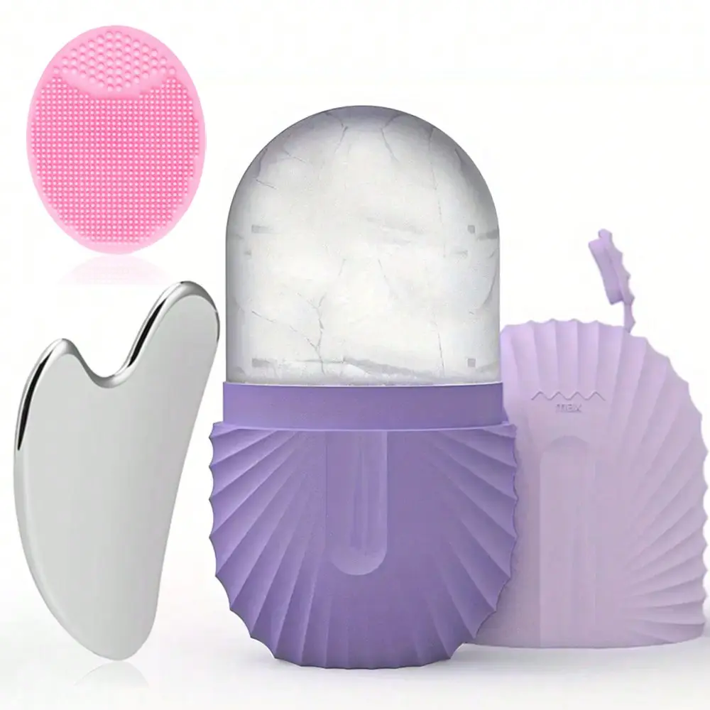 3 Counts Ice Face Roller & Face Scrubber Facial Cleansing Brush & 304 Stainless Steel Gua Sha Tool Set, Skin Care Tool Beauty Set Face Massage Tool Roller Lifting Contouring Tool Reusable Face Wash Brush for Deep Cleaning Skin Care Set