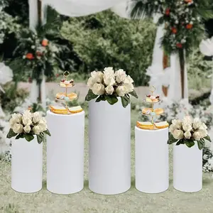 Set of 5 White Metal Cylinder Pedestal Stands For Wedding Aisle, Round Plinth Pillar Display Boxes | Plate Cake Stands | Event Decorations