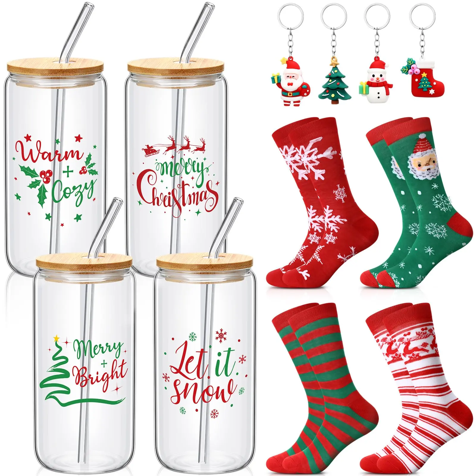 12 Pcs Christmas Gift Set with 16oz Glass Cups, Santa Socks & Xmas Keychains, Holiday Can Shaped Tumbler with Bamboo Lid and Straw, Fun Winter Gifts for Birthday, Christmas Party & Family Friends